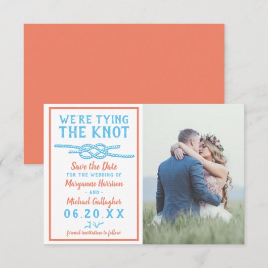 Hochzeit das Knot Beach Foto Aqua Blue Coral Save The Date (Vorne/Hinten)