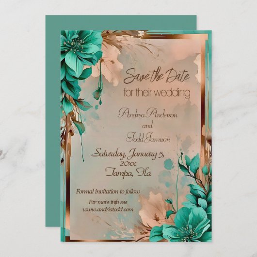 Hochzeit der aquamarinen Blume und der Kupferkabel Save The Date (Vorne/Hinten)