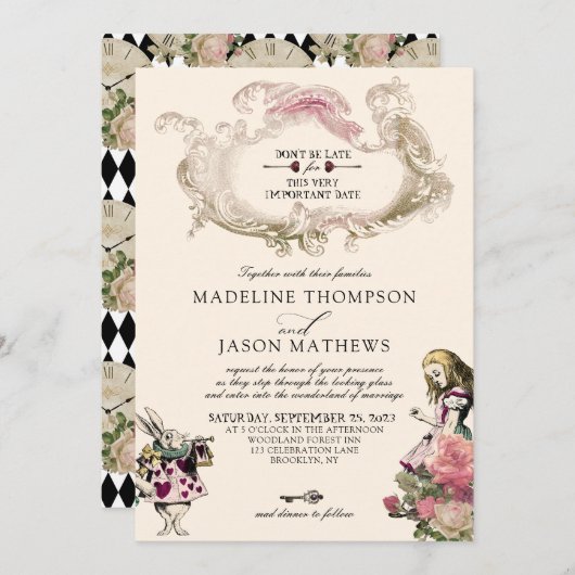 Hochzeit der Aquamarinen Blush-Alice im Wunderland Einladung (Vorne/Hinten)