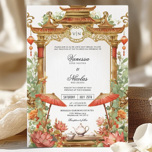 Hochzeit der asiatischen Blume Red Parasol and Lot Einladung