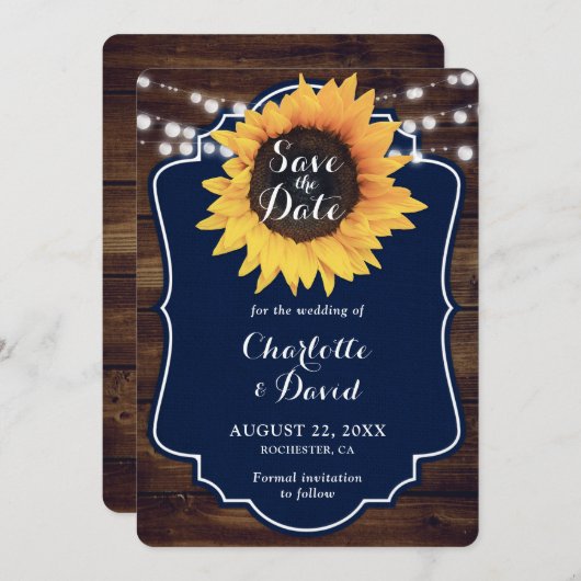 Hochzeit der Blaublauen Sonnenblume aus Holz Save The Date (Vorne/Hinten)