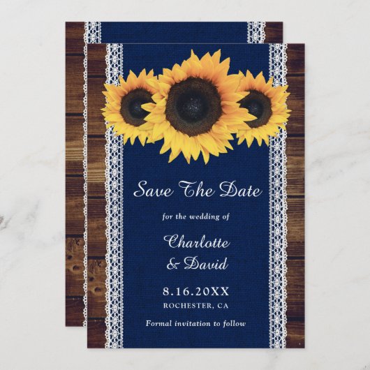 Hochzeit der Blaublauen Sonnenblume aus Holz Save The Date (Vorne/Hinten)