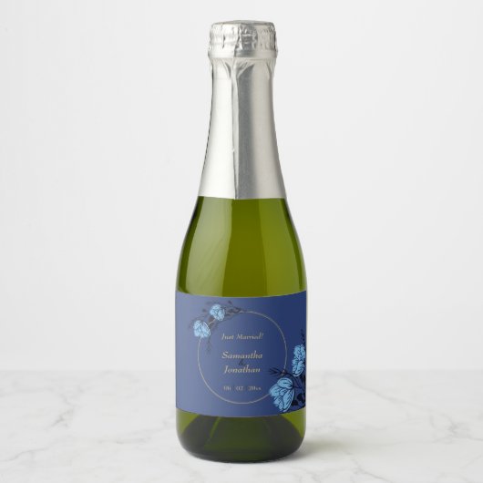 Hochzeit der blauen Blume Schaumweinetikett (Vorderseite)