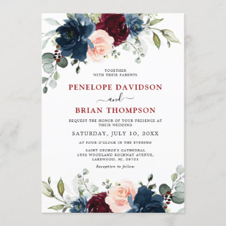 Hochzeit der Blauen Burgund Blush Pink Floral Einladung