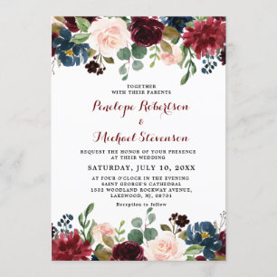 Hochzeit der Blauen Burgund Blush Pink Floral Einladung