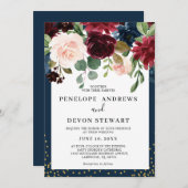 Hochzeit der Blauen Burgund Blush Pink Floral Einladung (Vorne/Hinten)