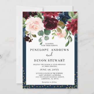 Hochzeit der Blauen Burgund Blush Pink Floral Einladung