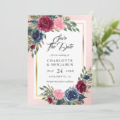Hochzeit der Blauen Burgund Blush Pink Floral Save The Date (Stehend Vorderseite)