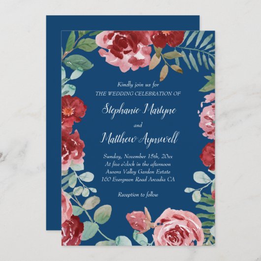 Hochzeit der Blauen Burgund Einladung (Vorne/Hinten)