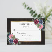 Hochzeit der Blauen Burgundy Pink Gold Floral RSVP Karte (Stehend Vorderseite)