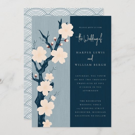 Hochzeit der Blaukirsche Japandi Einladung (Vorne/Hinten)