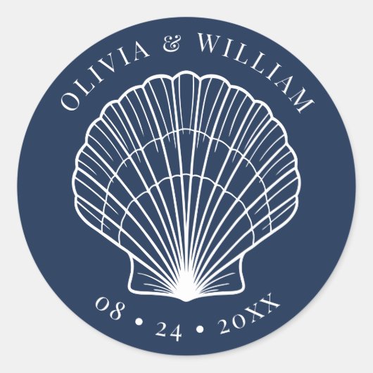 Hochzeit der Blue Seashell Beach Coastal Runder Aufkleber (Vorderseite)