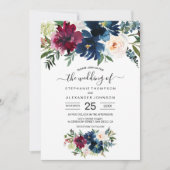 Hochzeit der Blume der Watercolor Burgundy Navy Einladung (Vorderseite)