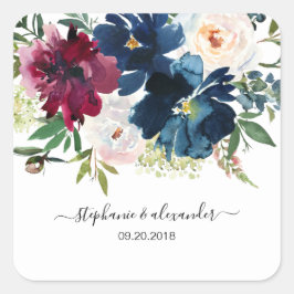 Hochzeit der Blume der Watercolor Burgundy Navy Quadratischer Aufkleber