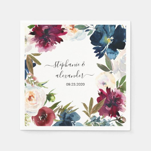 Hochzeit der Blume der Watercolor Burgundy Navy Serviette (Vorderseite)