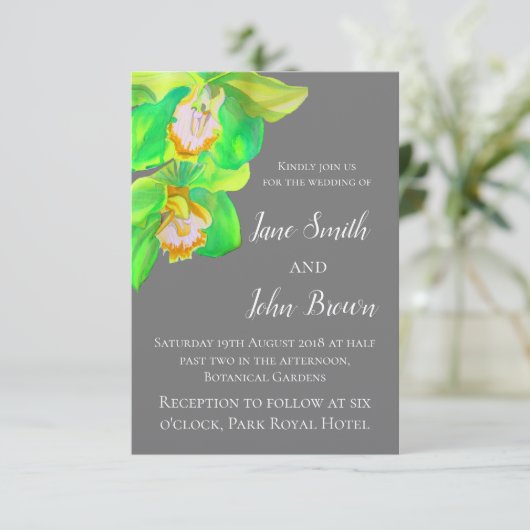 Hochzeit der Blume Orchideen in Grau und Weiß Einladung (Stehend Vorderseite)