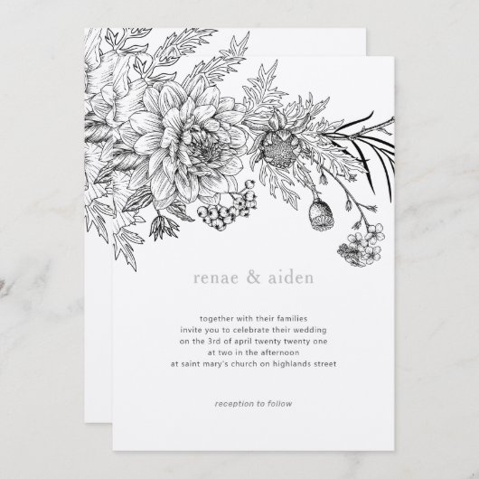 Hochzeit der Blumen in Schwarz-Weiß Einladung (Vorne/Hinten)