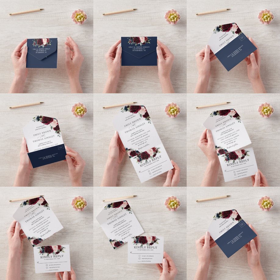 Hochzeit der Blush Navy Bloral Greenerity All In One Einladung