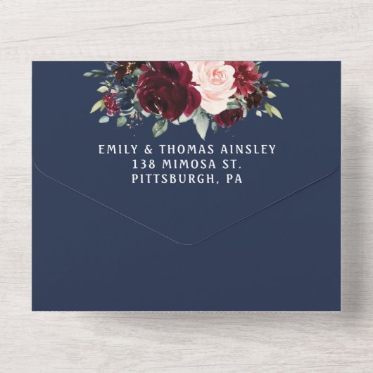 Hochzeit der Blush Navy Bloral Greenerity All In One Einladung (Rückseite)