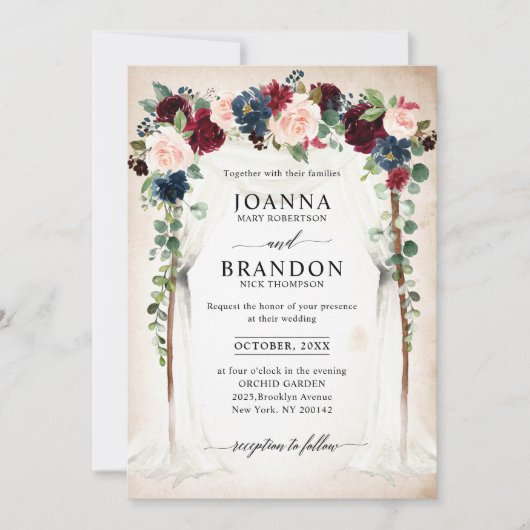 Hochzeit der Blush Navy Blumengestelle in Burgund Einladung (Vorderseite)