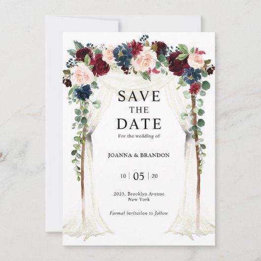 Hochzeit der Blush Navy Blumengestelle in Burgund Save The Date (Vorderseite)