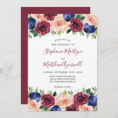 Hochzeit der Blush Navy-Floral-Wasserfarbe in Burg Einladung (Vorne/Hinten)