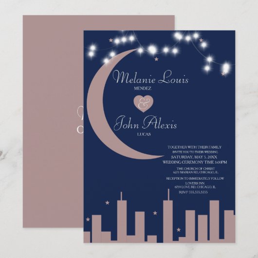Hochzeit der Blush Rose Navy Nightime Skyline Einladung (Vorne/Hinten)