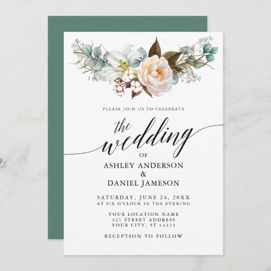 Hochzeit der botanischen Blumenkalligrafie Einladung (Vorne/Hinten)