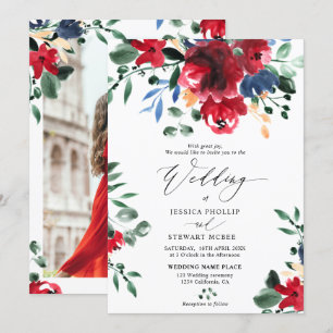 Hochzeit der Burgunder Marine mit Blumenkalligraph Einladung