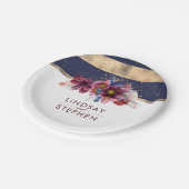 Hochzeit der Burgunder Marine und Gold Floral Stri Pappteller (Schrägansicht)