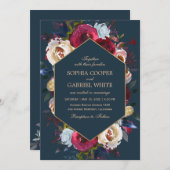 Hochzeit der burgundischen Marine und Peach Floral Einladung (Vorne/Hinten)