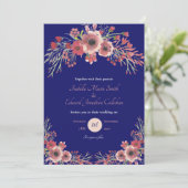 Hochzeit der Coral Peony Floral Navy Einladung (Stehend Vorderseite)