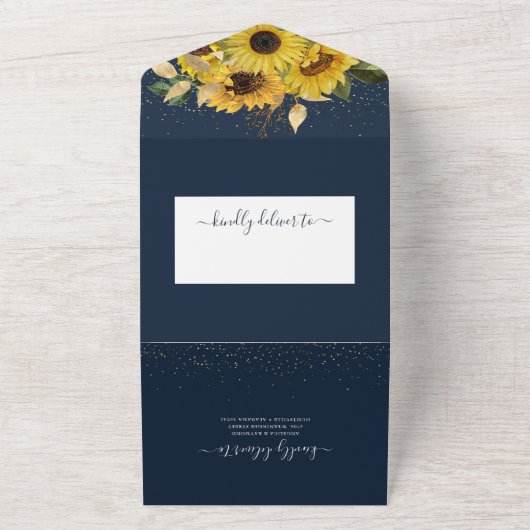 Hochzeit der eleganten Sonnenblumen-Marine All In One Einladung (Außenbereich)