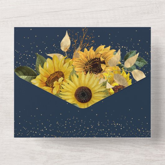 Hochzeit der eleganten Sonnenblumen-Marine All In One Einladung (Rückseite)