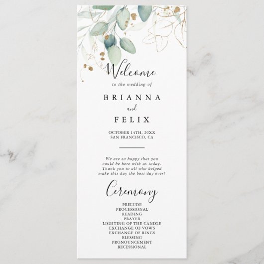 Hochzeit der Eukalyptus-Goldkalligrafie Programm (Vorderseite)