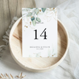Hochzeit der Eukalyptus-Goldkalligrafie Tischnummer