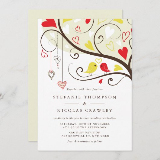 Hochzeit der Gelben und Roten Whimsikalen Lovebird Einladung (Vorne/Hinten)