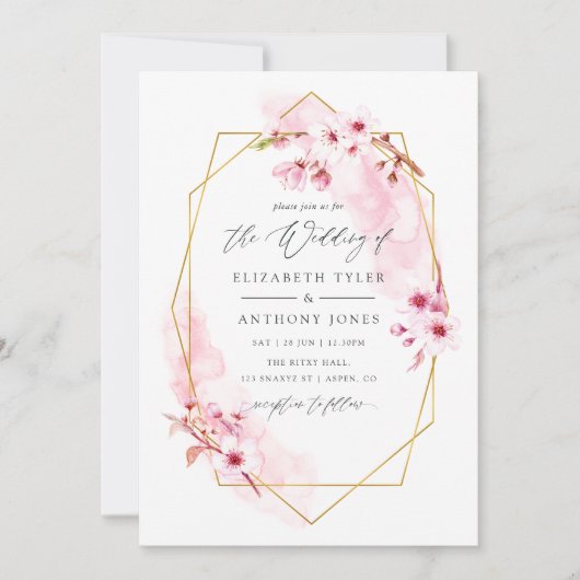 Hochzeit der geometrischen rosa Frühlingskirsche Einladung (Vorderseite)