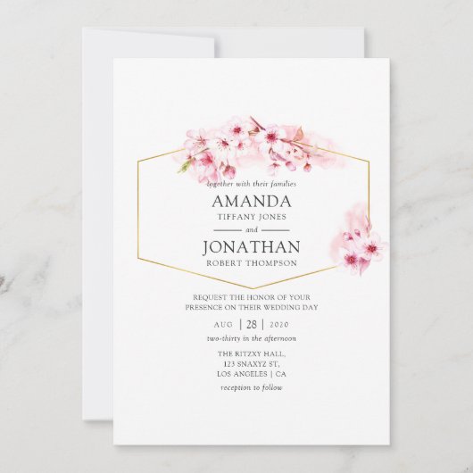 Hochzeit der geometrischen rosa Frühlingskirsche Einladung (Vorderseite)