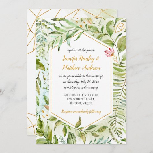 Hochzeit der geometrischen Rosa-Grüne Goldbotanica Einladung (Vorne/Hinten)