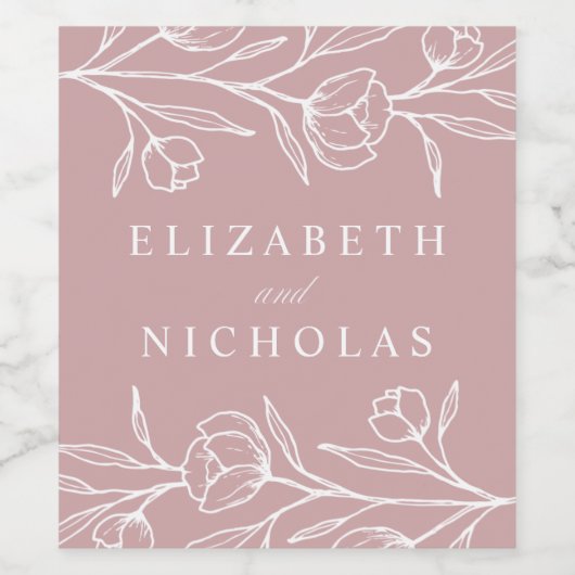 Hochzeit der gezeichneten blühenden Dusty-Rose Weinetikett (Einzelnes Label)