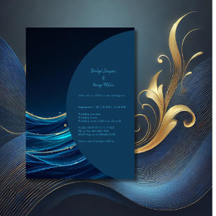 Hochzeit der Golden Accented Abstrakt Ocean Waves Einladung