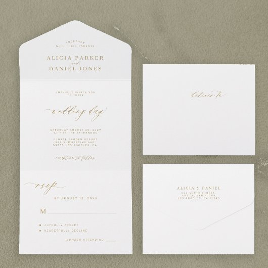 Hochzeit der Goldkalligraphie All In One Einladung