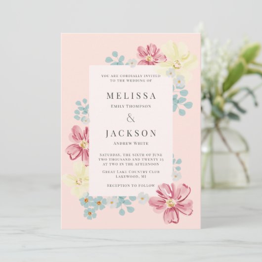 Hochzeit der hellen und hellen Blume Blush Einladung (Stehend Vorderseite)