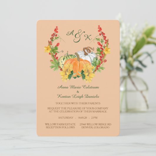 Hochzeit der Herbst-Ernte-Blumenschrift Einladung (Stehend Vorderseite)