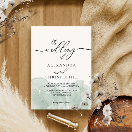 Hochzeit der Kalligraphie mit Aquarellgrün Einladung