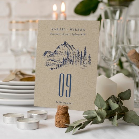 Hochzeit der Kraft Navy Pine Woods Mountain Sketch Tischnummer