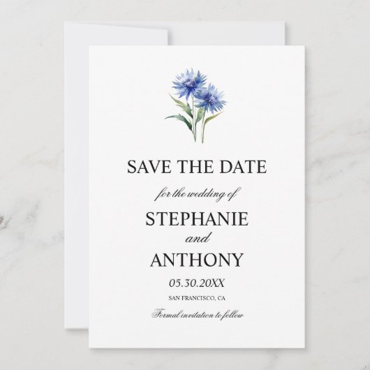 Hochzeit der lila Cornflore-Wildblume Save The Date (Vorderseite)