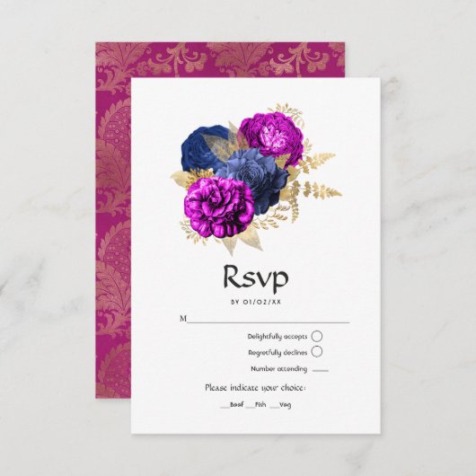 Hochzeit der Magenta Navy und Gold Floral RSVP Karte (Vorne/Hinten)