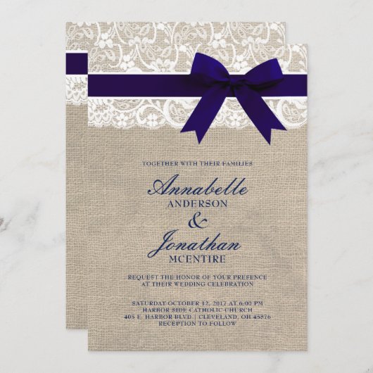 Hochzeit der Marine auf Burlap & Lace Rustikal Einladung (Vorne/Hinten)
